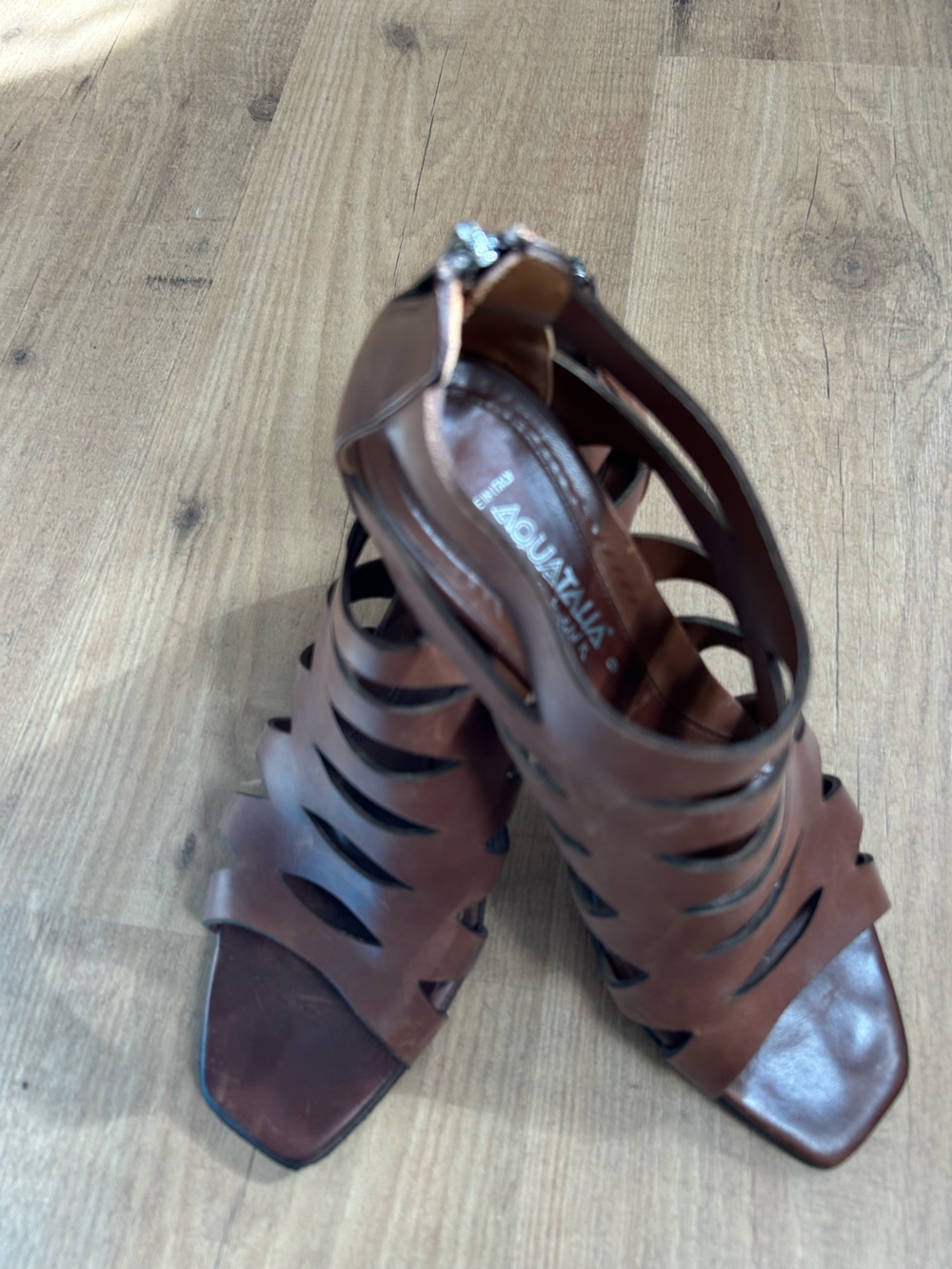 Aquatalia Brown Strappy Cutout Leather Heeled Sandals